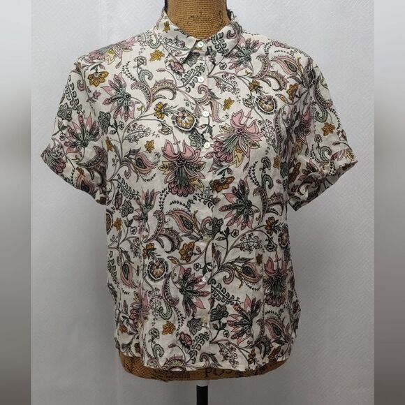 RACHEL ZOE 100% Linen Floral Button Down Short Sleeve Sz S - Picture 1 of 9